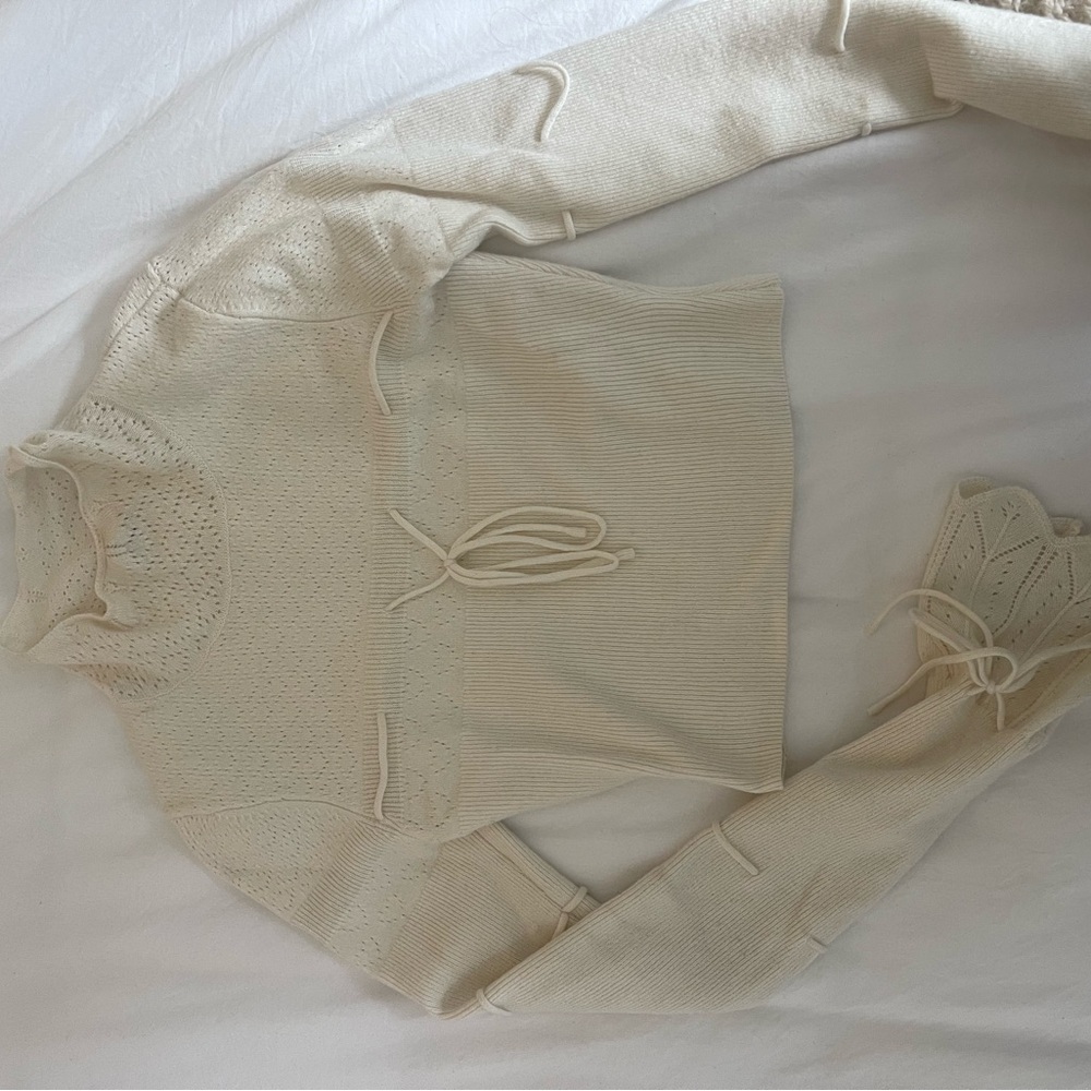 Cream Knit Sweater with Drawstring Detail